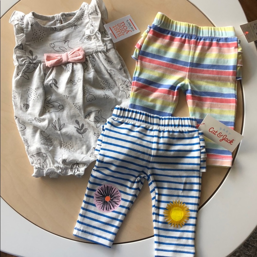 Newborn stripe/flower pants & gray print romper